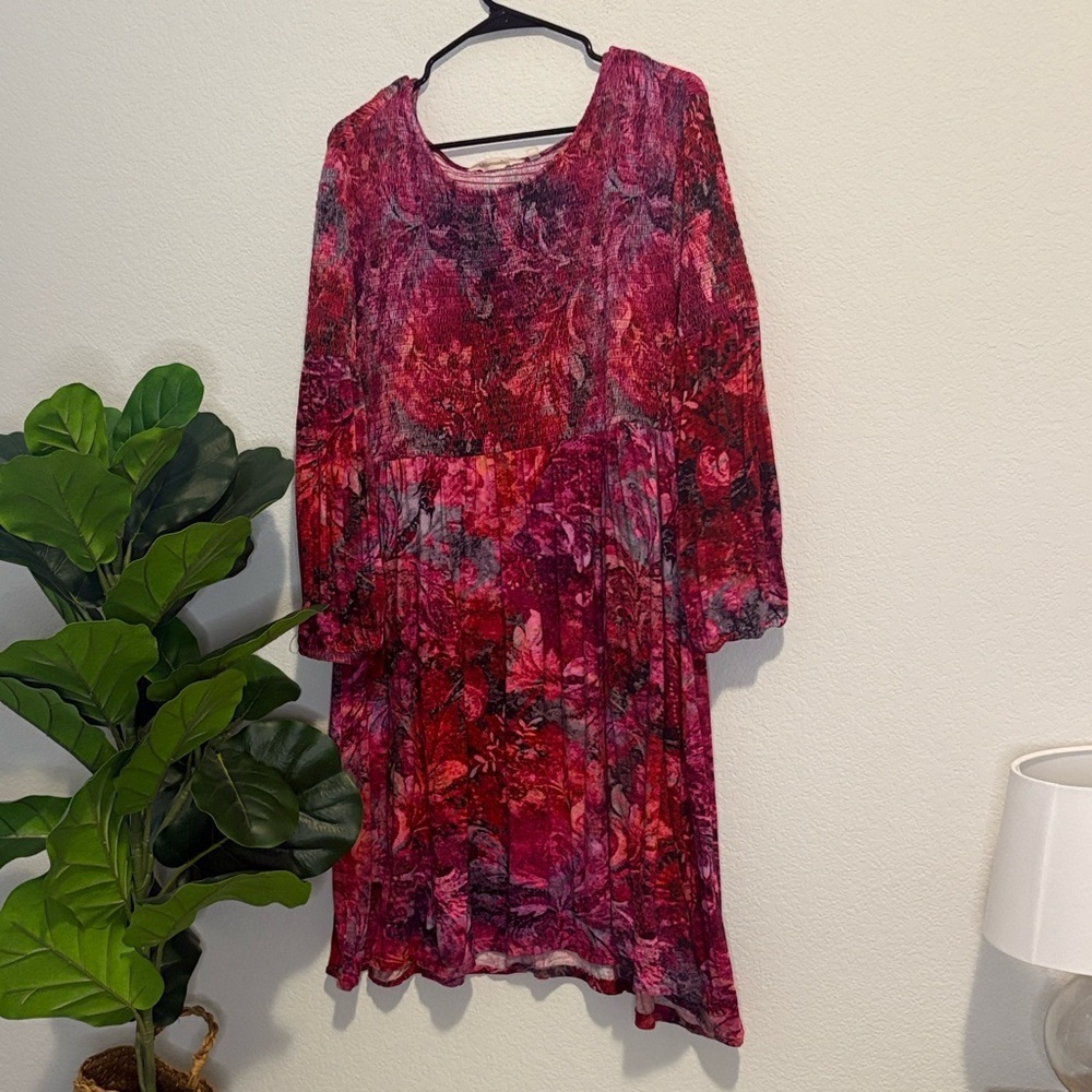 Soft Surroundings Red and Pink Floral long sleeves Dress XL